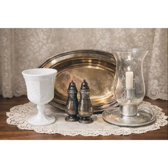 Grandmillennial Tabletop Decor Set – Silverplate & Milk Glass Vignette - Picture 1 of 8